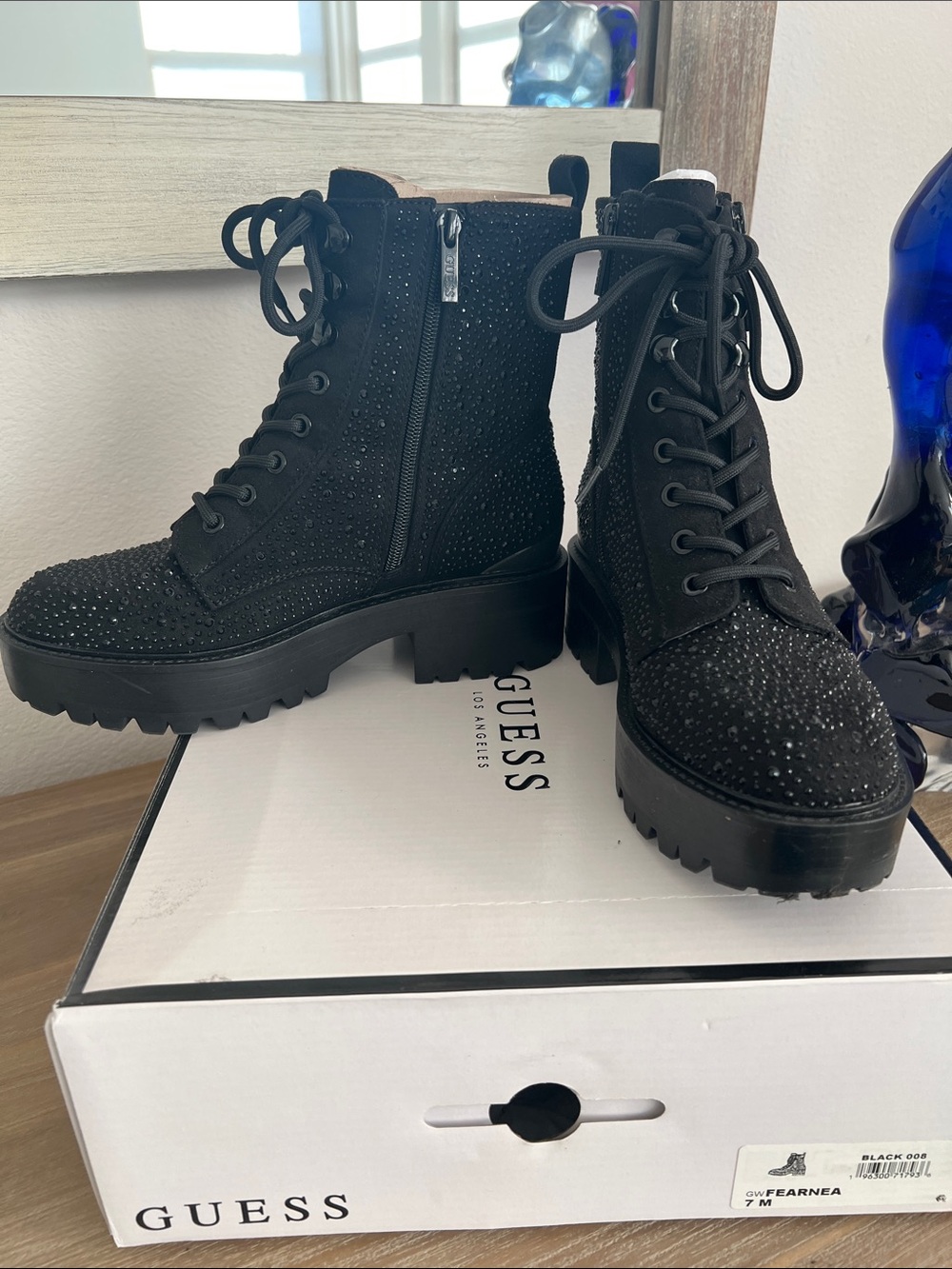 Guess Black Women's Lace-Up Combat Boots with Rhinestone Detail